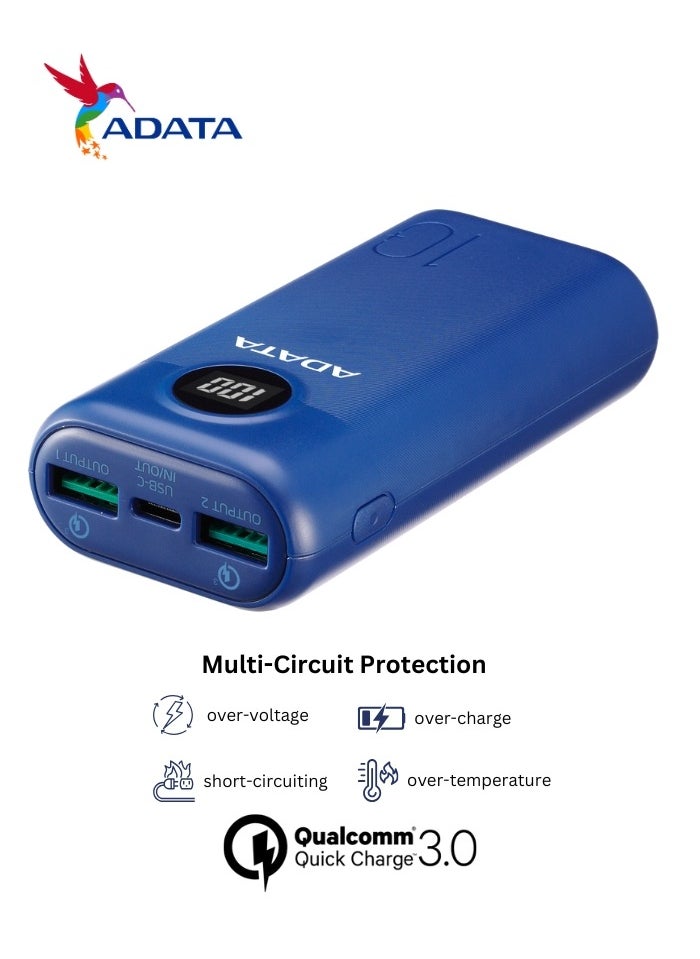 ADATA - Power Bank P10000QCD | 10,000 mAh | Fast Charging Qualcomm QC 3.0 USB Type-C and Type-A | Compatible with iPhone, Samsung, iPad, and More 22.5 watt | Blue - Image 1