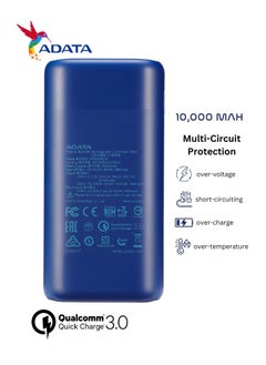 ADATA Power Bank P10000QCD | 10,000 mAh | Fast Charging Qualcomm QC 3.0 USB Type-C and Type-A | Compatible with iPhone, Samsung, iPad, and More 22.5 watt | Blue  - Image 3
