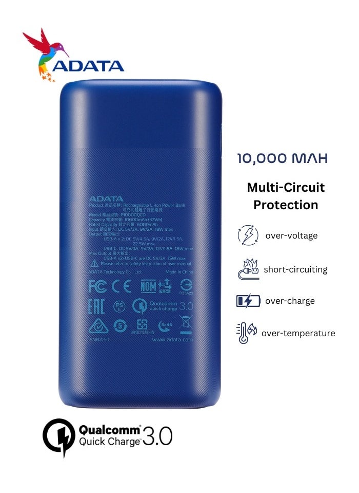 ADATA - Power Bank P10000QCD | 10,000 mAh | Fast Charging Qualcomm QC 3.0 USB Type-C and Type-A | Compatible with iPhone, Samsung, iPad, and More 22.5 watt | Blue - Image 1