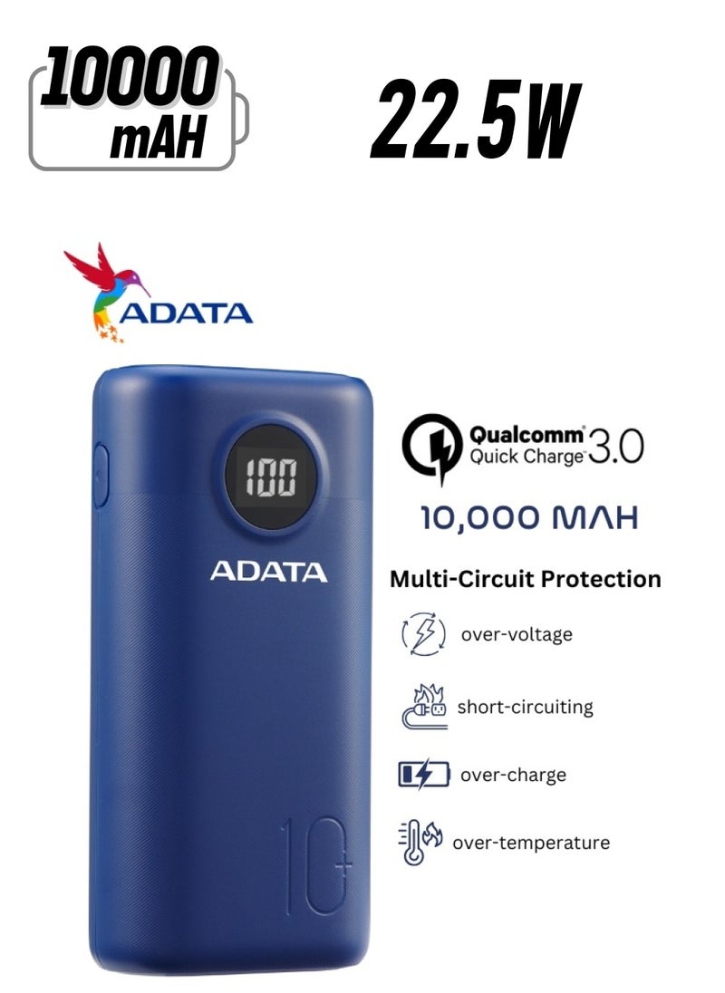 ADATA - Power Bank P10000QCD | 10,000 mAh | Fast Charging Qualcomm QC 3.0 USB Type-C and Type-A | Compatible with iPhone, Samsung, iPad, and More 22.5 watt | Blue - Image 1