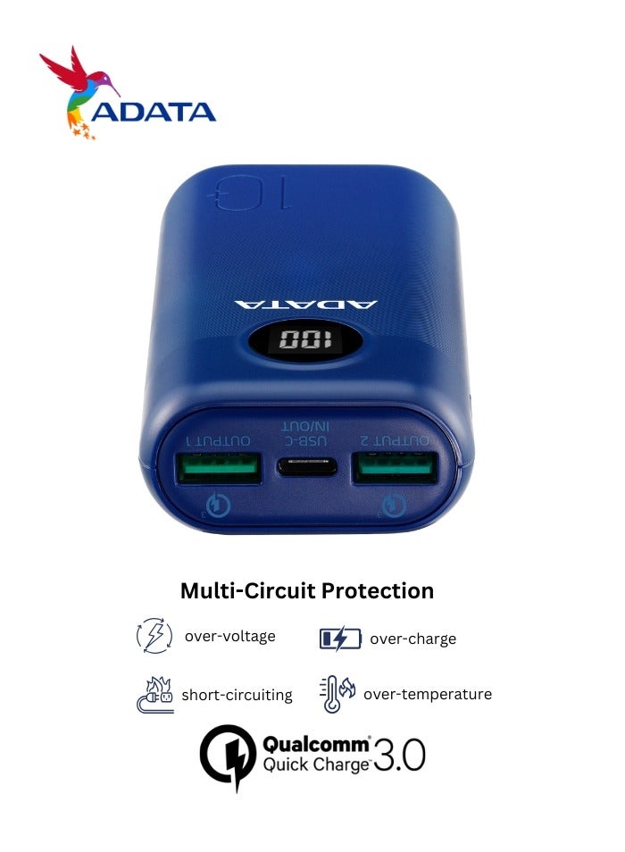 ADATA - Power Bank P10000QCD | 10,000 mAh | Fast Charging Qualcomm QC 3.0 USB Type-C and Type-A | Compatible with iPhone, Samsung, iPad, and More 22.5 watt | Blue - Image 1
