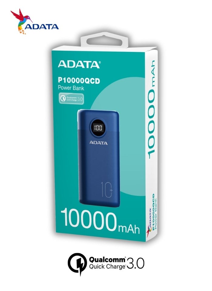 ADATA - Power Bank P10000QCD | 10,000 mAh | Fast Charging Qualcomm QC 3.0 USB Type-C and Type-A | Compatible with iPhone, Samsung, iPad, and More 22.5 watt | Blue - Image 1