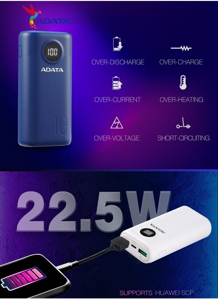 ADATA - Power Bank P10000QCD | 10,000 mAh | Fast Charging Qualcomm QC 3.0 USB Type-C and Type-A | Compatible with iPhone, Samsung, iPad, and More 22.5 watt | Blue - Image 1