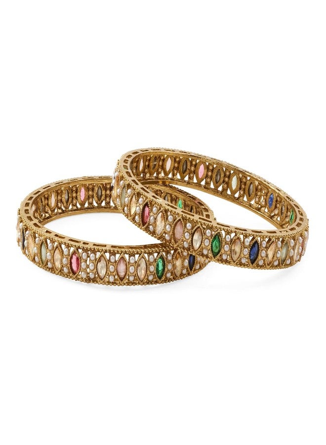 Rubans Set of 2 18K Gold-Plated Brass Bangles with Mini Pearls Studded & Multi-Coloured Stones for Women & Girls - Image 1