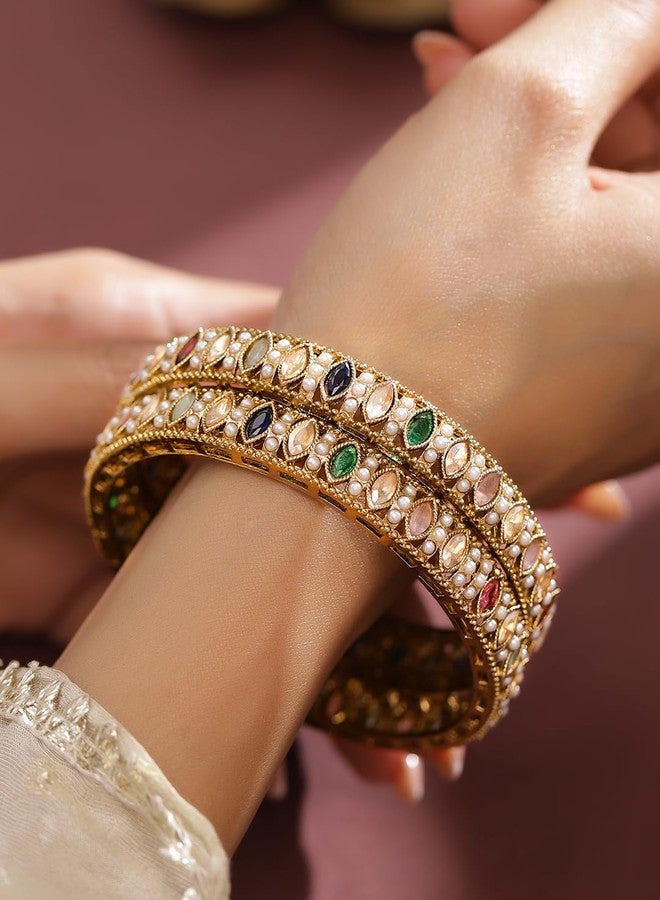 Rubans Set of 2 18K Gold-Plated Brass Bangles with Mini Pearls Studded & Multi-Coloured Stones for Women & Girls - Image 3