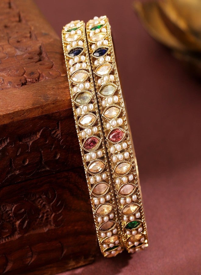 Rubans Set of 2 18K Gold-Plated Brass Bangles with Mini Pearls Studded & Multi-Coloured Stones for Women & Girls - Image 5
