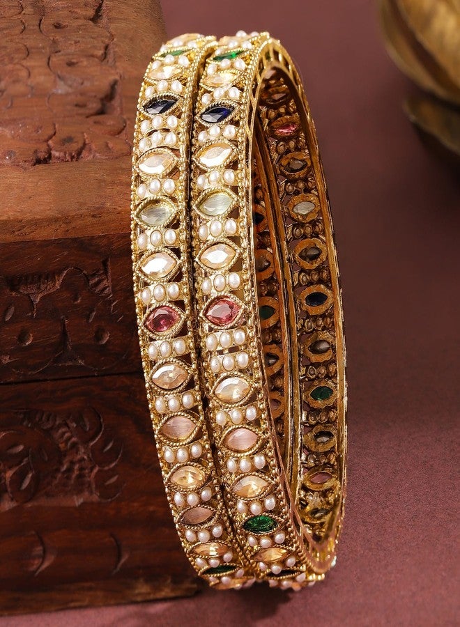 Rubans Set of 2 18K Gold-Plated Brass Bangles with Mini Pearls Studded & Multi-Coloured Stones for Women & Girls - Image 4