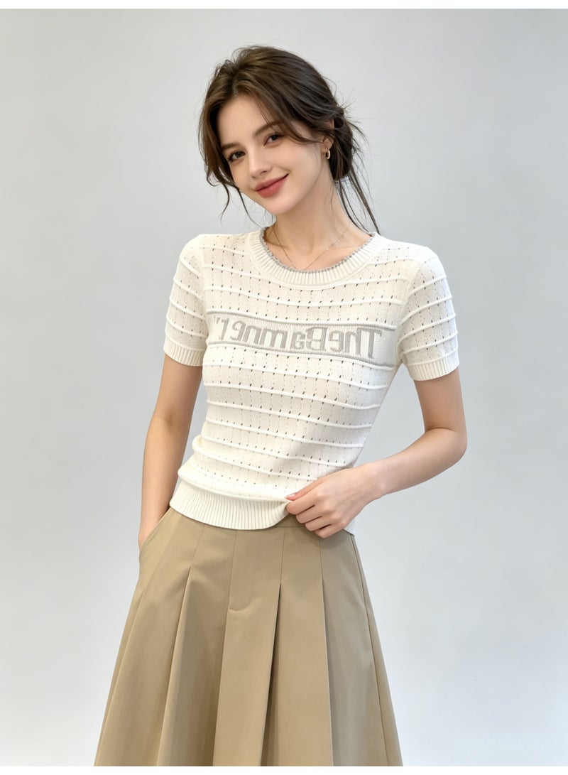 زارا ZARA Women’s White Hollow Out Letter Print Short Sleeve Knit Top - Image 2