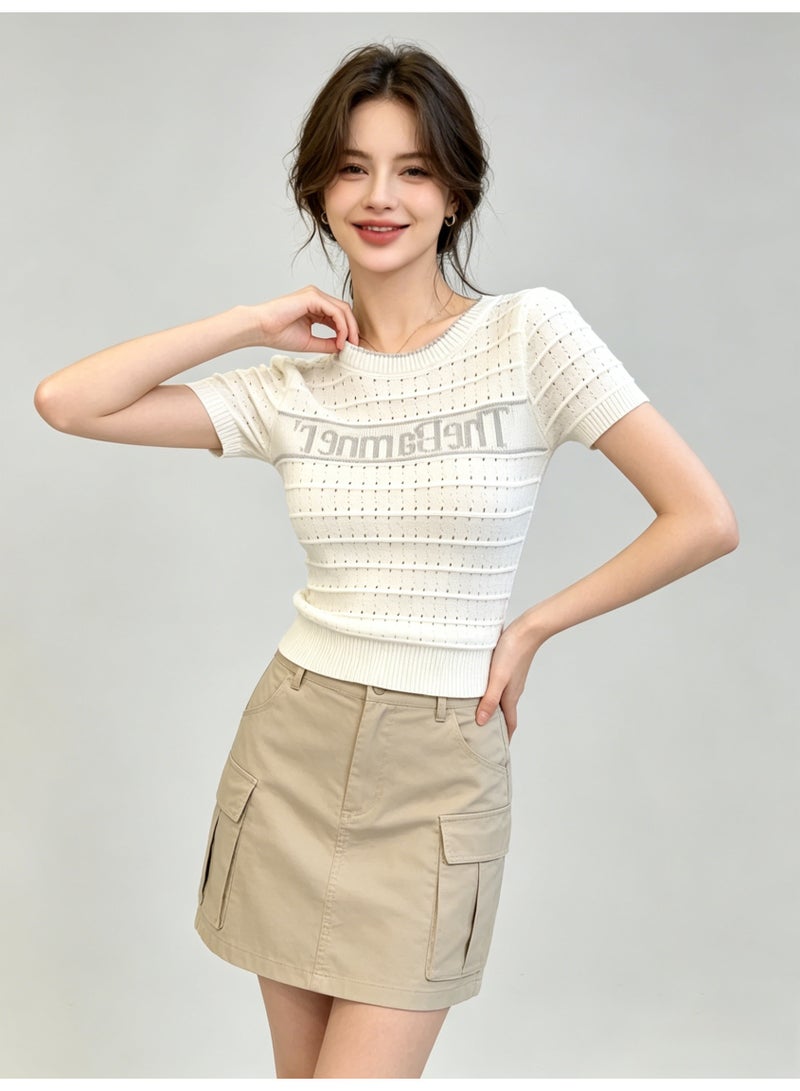 زارا ZARA Women’s White Hollow Out Letter Print Short Sleeve Knit Top - Image 5