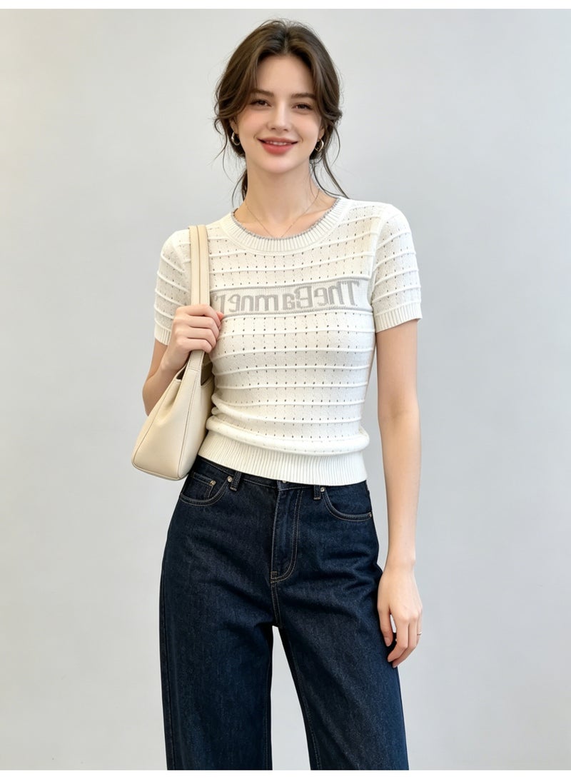 زارا ZARA Women’s White Hollow Out Letter Print Short Sleeve Knit Top - Image 1