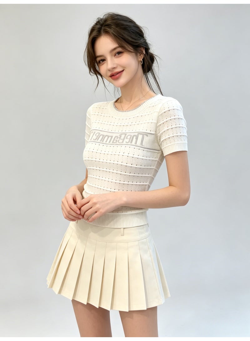 زارا ZARA Women’s White Hollow Out Letter Print Short Sleeve Knit Top - Image 4