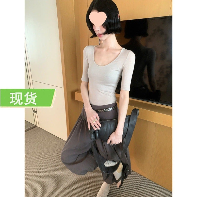 Mona Zhang Qixian Tencel Wool Mid-Sleeve T-Shirt for Spring and Summer, Slim Fit, Slightly Stretchy, Skin-Friendly, Breathable, Solid Color U-Neck/Round Neck Top - Image 2