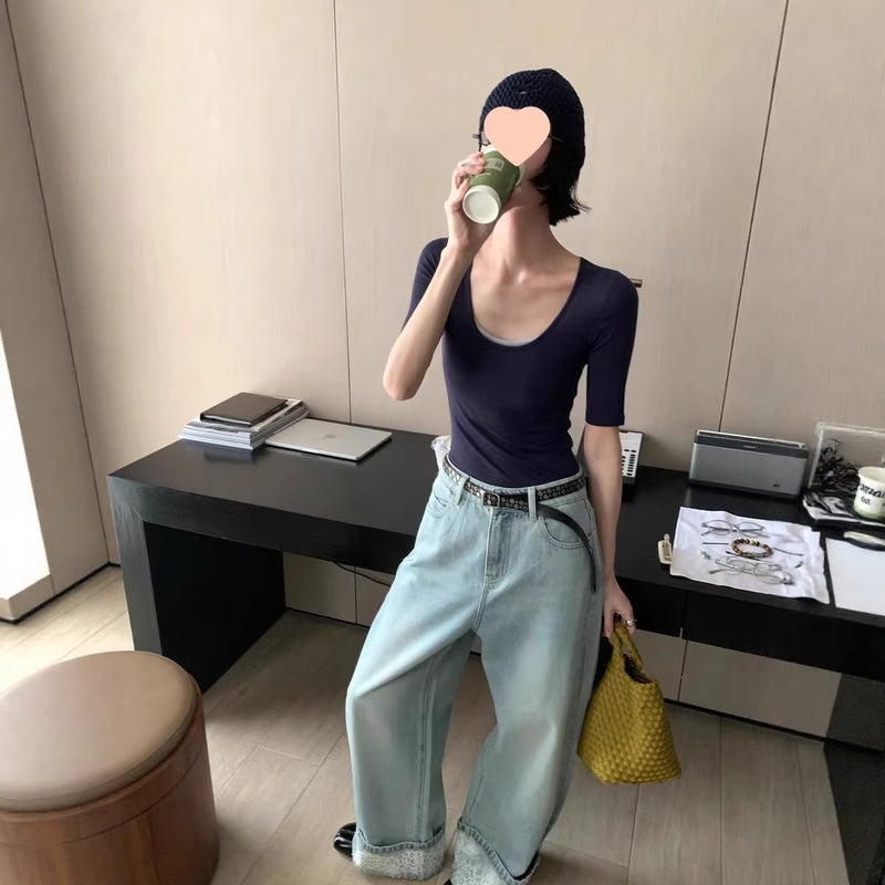 Mona Zhang Qixian Tencel Wool Mid-Sleeve T-Shirt for Spring and Summer, Slim Fit, Slightly Stretchy, Skin-Friendly, Breathable, Solid Color U-Neck/Round Neck Top - Image 5