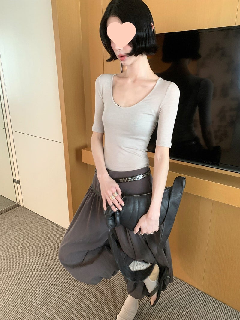 Mona Zhang Qixian Tencel Wool Mid-Sleeve T-Shirt for Spring and Summer, Slim Fit, Slightly Stretchy, Skin-Friendly, Breathable, Solid Color U-Neck/Round Neck Top - Image 1