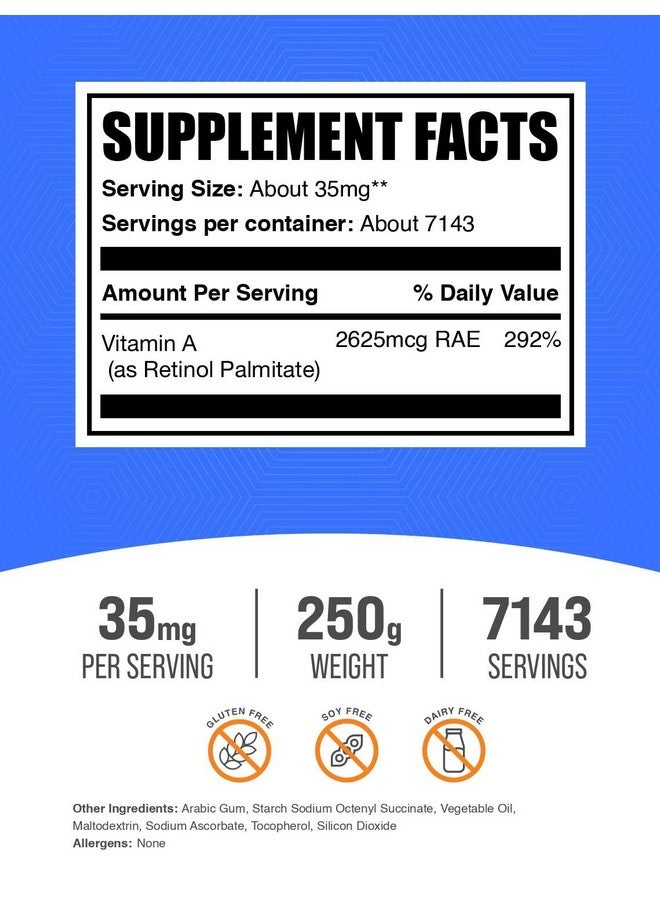 BulkSupplements.com Vitamin A Palmitate Powder - as Retinol Palmitate, Vitamin A Supplement for Immune & Eye Support - Gluten Free, 35mg per Serving, 250g (8.8 oz) (Pack of 1) - Image 2