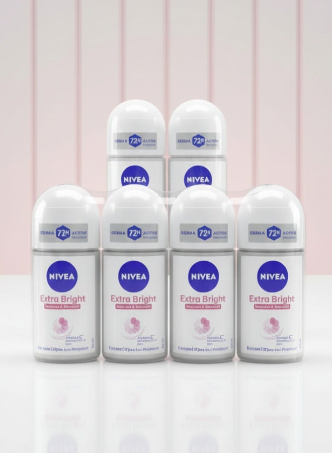Nivea pack of 6 extra bright radiant and smooth antiperspirant deodorant roll on 50 ml long lasting protection whitening skin care - Image 1