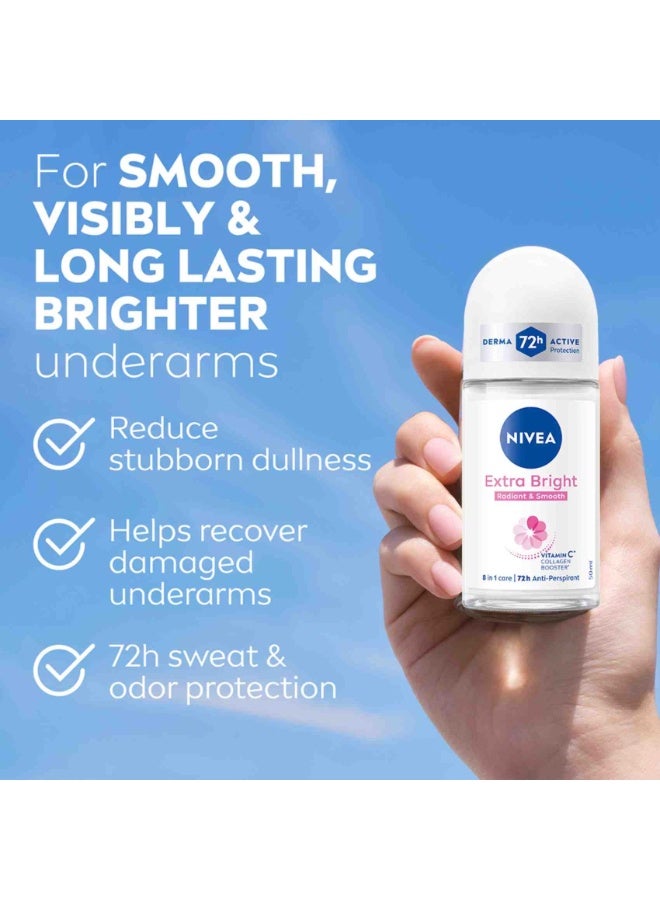 Nivea pack of 6 extra bright radiant and smooth antiperspirant deodorant roll on 50 ml long lasting protection whitening skin care - Image 2