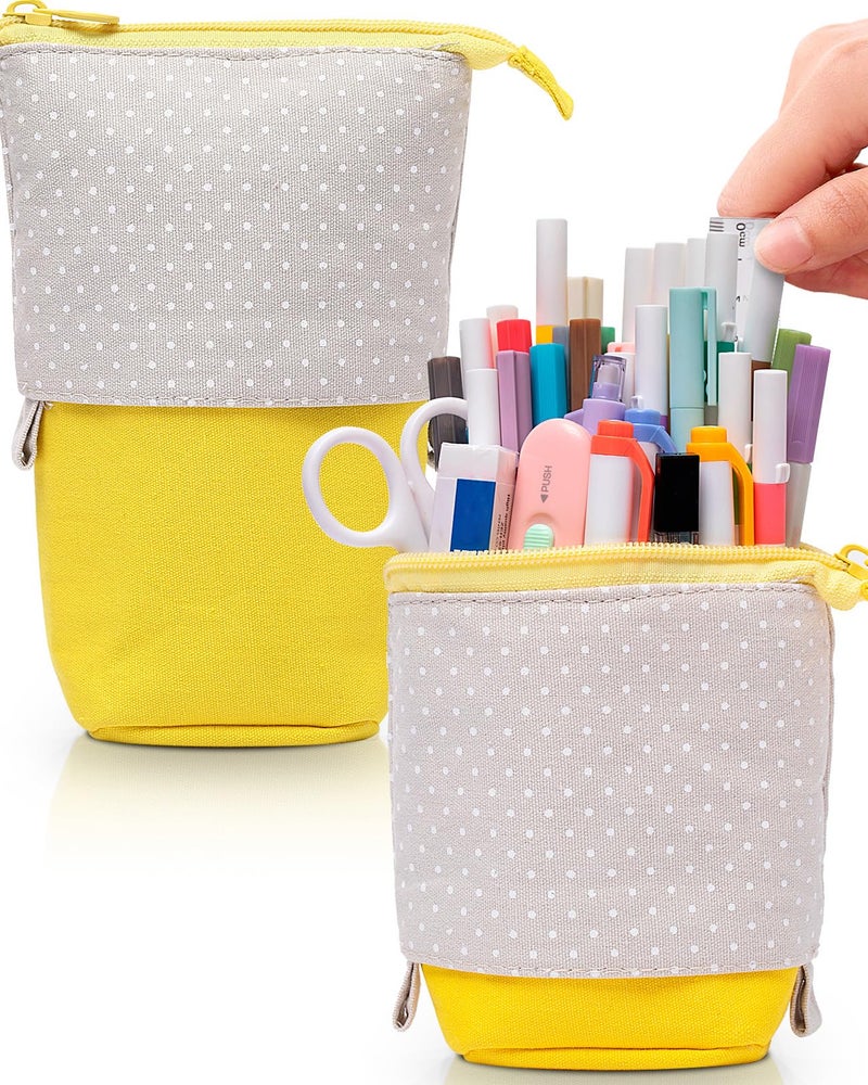 Sooez Standing Pencil Case, Cute Stand up Pencil Pouch, Telescopic Pen Pouch, Portable Pencil Holder, Kawaii Stand up Pencil Case, Spacious Pencil Pouch Bag for School Office Supplies, Yellow - Image 1