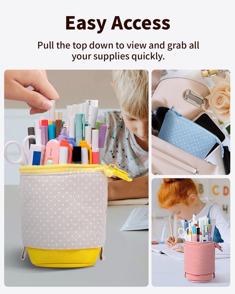 Sooez Standing Pencil Case, Cute Stand up Pencil Pouch, Telescopic Pen Pouch, Portable Pencil Holder, Kawaii Stand up Pencil Case, Spacious Pencil Pouch Bag for School Office Supplies, Yellow - Image 4