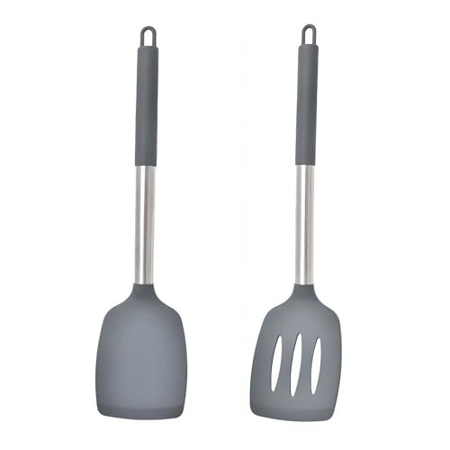 Carrot - Pack of 2 Silicone Solid Spatula Turner,Non Stick Slotted Kitchen Spatulas,High Heat Resistant BPA Free Cooking Utensils,Ideal Cookware for Fish,Eggs,Pancakes (Grey) - Image 1