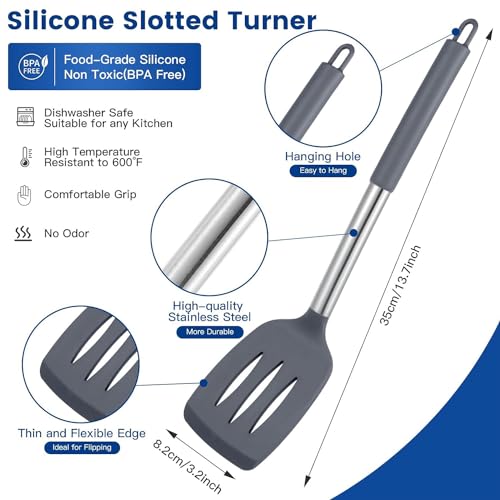 Carrot - Pack of 2 Silicone Solid Spatula Turner,Non Stick Slotted Kitchen Spatulas,High Heat Resistant BPA Free Cooking Utensils,Ideal Cookware for Fish,Eggs,Pancakes (Grey) - Image 3