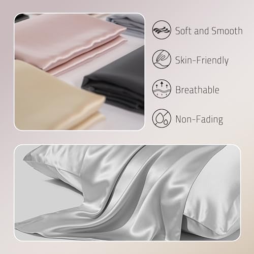 Gabire Mulberry Silk Pillowcases Set of 2, Both Sides Real Silk Pillowcase for Hair and Skin Cool Organic Silk Pillow Cases 2 Pack with Hidden Zipper, Silver Grey, Standard (20"×26") - Image 2