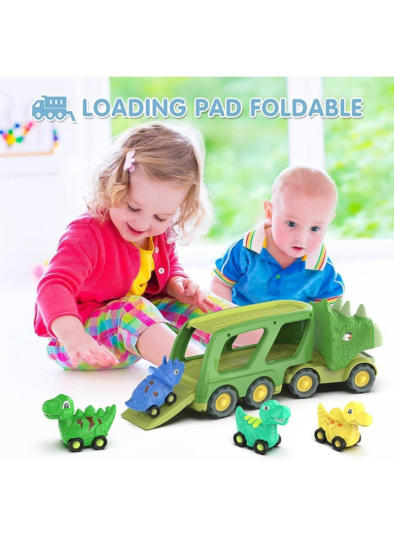 SOLARAE ألعاب الديناصورات للأطفال من 3 إلى 5 سنوات، شاحنة نقل الديناصورات مع 4 سيارات ديناصور صغيرة قابلة للسحب، ألعاب شاحنة نقل الديناصورات لهدية عيد ميلاد ولد عمره 2 سنة - Image 4