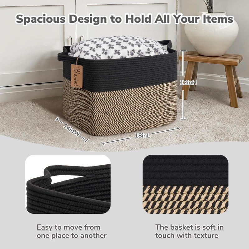 Goodpick Woven Storage Baskets for Organizing, 18" x 14" x 12" Wicker Laundry Basket for Shoes,Towel, Blanket Basket for Living Room, Toy Baskets Storage Kids with Handles - Image 3