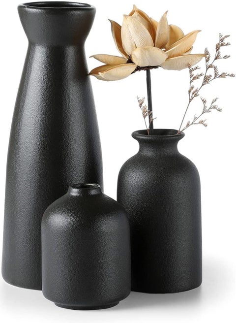 3 Set Black Ceramic vase Small Flower vases for Decor,Modern Home Decor, Vases for Decor,Pampas Grass Vase,Dried Flowers Vases,Living Room,Table Shelf, Centerpieces Decoration