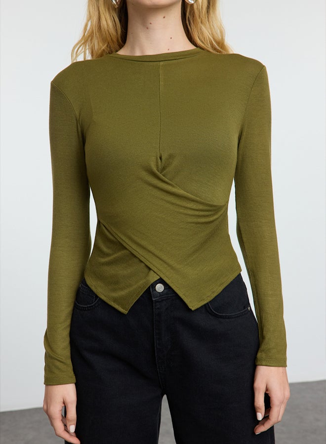 trendyol Khaki Double Breasted Gathered/Drape Detailed Slim/Fits Body Knitted Blouse - Image 3