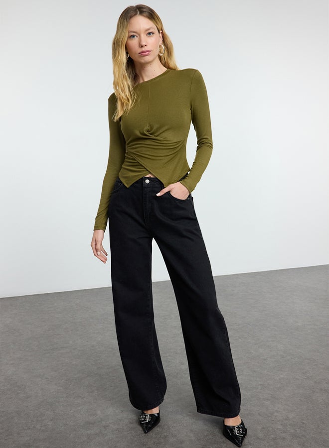 trendyol Khaki Double Breasted Gathered/Drape Detailed Slim/Fits Body Knitted Blouse - Image 2