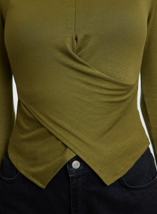 trendyol Khaki Double Breasted Gathered/Drape Detailed Slim/Fits Body Knitted Blouse - Image 4