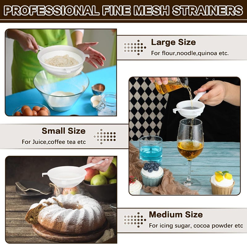 Skyley 3 Pcs Plastic Nylon Mesh Strainer Colander with Handle Double Ear Fine Food Mesh Strainer Flour Sifter for Baking Kitchen Colander Sifter Kefir Tea Juice Pasta(3 Inch, 4 Inch, 5.5 Inch) - Image 5