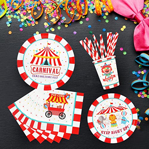 Recheel Carnival Party Supplies Decorations, Circus Theme Birthday Paper Plates and Napkins Set with Cups and Straws for 24 Guests, 120 Pcs Disposable Party Dessert Dinnerwares - Image 3