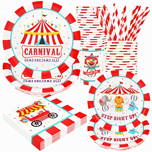 Recheel Carnival Party Supplies Decorations, Circus Theme Birthday Paper Plates and Napkins Set with Cups and Straws for 24 Guests, 120 Pcs Disposable Party Dessert Dinnerwares - Image 1