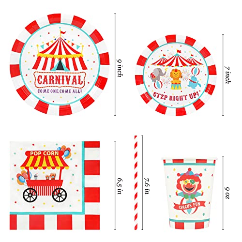 Recheel Carnival Party Supplies Decorations, Circus Theme Birthday Paper Plates and Napkins Set with Cups and Straws for 24 Guests, 120 Pcs Disposable Party Dessert Dinnerwares - Image 2