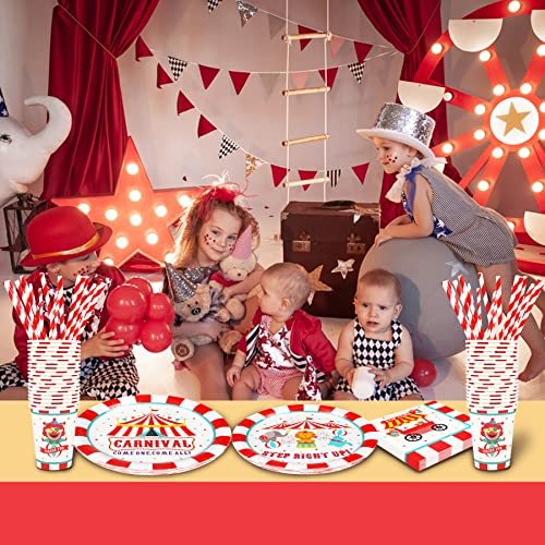 Recheel Carnival Party Supplies Decorations, Circus Theme Birthday Paper Plates and Napkins Set with Cups and Straws for 24 Guests, 120 Pcs Disposable Party Dessert Dinnerwares - Image 5
