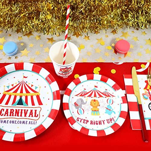 Recheel Carnival Party Supplies Decorations, Circus Theme Birthday Paper Plates and Napkins Set with Cups and Straws for 24 Guests, 120 Pcs Disposable Party Dessert Dinnerwares - Image 4