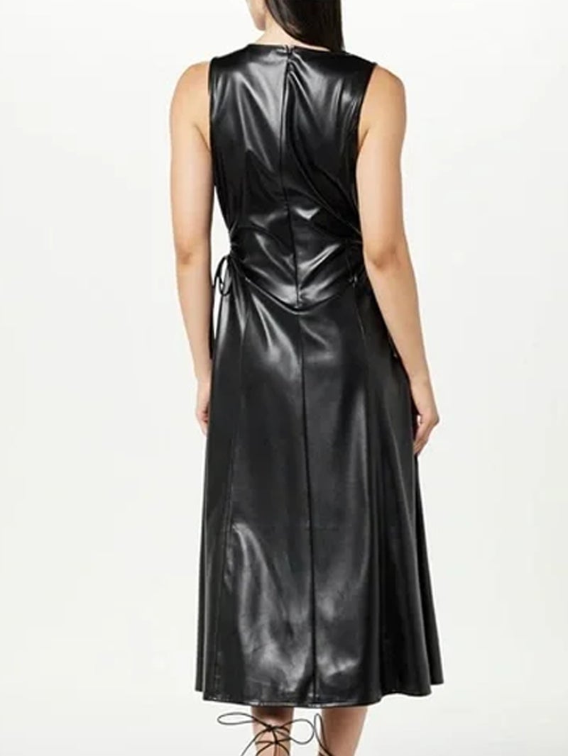 Women's PU Leather Bodycon Long Dress with Waist Shirring and V-Neck Cutout - Image 2