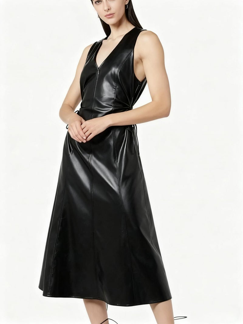 Women's PU Leather Bodycon Long Dress with Waist Shirring and V-Neck Cutout - Image 4
