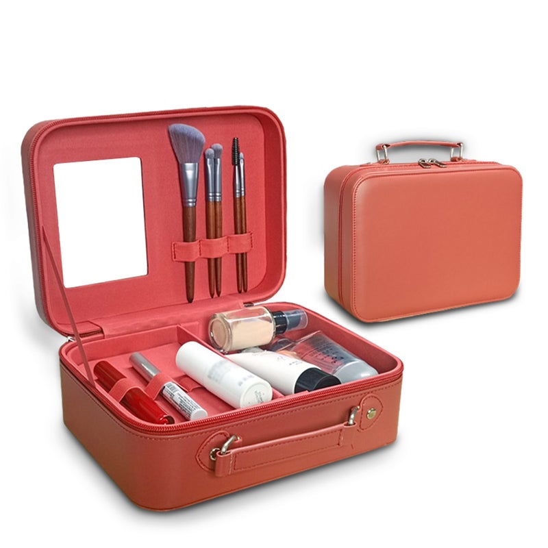 Makeup Bag: Red PU Leather Waterproof Compact Case - Built-in HD Mirror Detachable Partitions Makeup Bag Organizer for Travel Daily Use Makeup Enthusiasts - Image 1