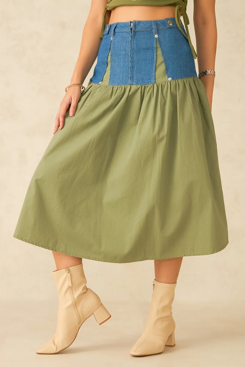 فيرجيو Solid Cotton Panelled Denim Ankle Skirt for Women