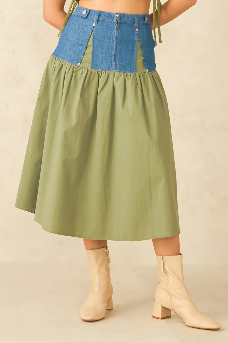 Virgio  Solid Cotton Panelled Denim Ankle Skirt for Women for Women | Best Price UAE