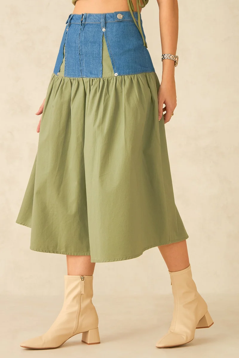 Virgio  Solid Cotton Panelled Denim Ankle Skirt for Women for Women | Best Price UAE