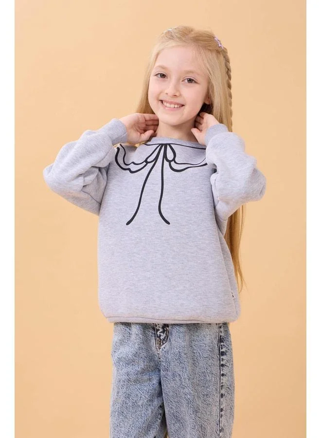 Perendi Girl's Bicycle Collar Printed Sherpa Winter Sweatshirt - Gray