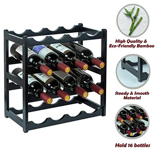 Homevany Bamboo Wine Rack, Sturdy and Durable Wine Storage Cabinet Shelf, Wine Racks Countertop for Pantry - 4 Tiers 16 Bottle Wine Rack Black - Image 5
