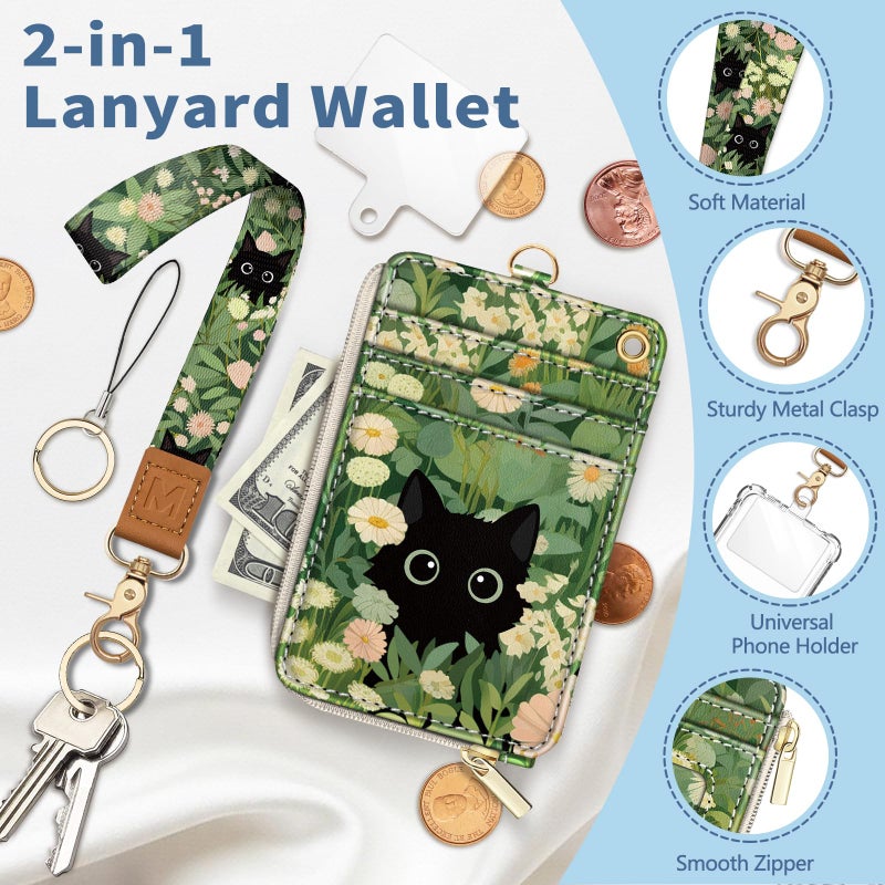 Mavellin Lanyard Wallet with Id Badge Holder, Floral Cat RFID Small Keychain Wallet Women Wristlet, Cute Zipper Credit Card Holder Phone Wrist Neck Strap for Key Name Tag, Teacher Student Office Gifts - Image 3