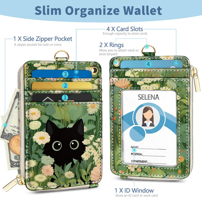 Mavellin Lanyard Wallet with Id Badge Holder, Floral Cat RFID Small Keychain Wallet Women Wristlet, Cute Zipper Credit Card Holder Phone Wrist Neck Strap for Key Name Tag, Teacher Student Office Gifts - Image 4