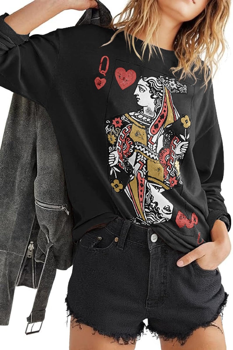Fazortev Womens Crewneck Graphic Sweatshirts Queen of Hearts Long Sleeve Shirts Cute Loose Fit Casual Pullover Tops Black - Image 1