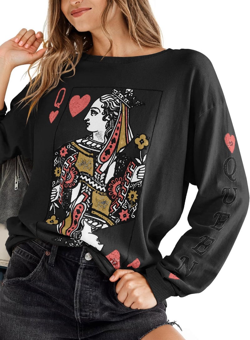 Fazortev Womens Crewneck Graphic Sweatshirts Queen of Hearts Long Sleeve Shirts Cute Loose Fit Casual Pullover Tops Black - Image 2